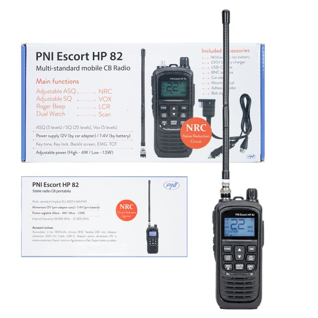 Prenosná CB rádiostanica PNI Escort HP 82, multi štandard, 4W, 12V, AM-FM, NRC, Dual Watch, Roger Beep, nastaviteľné ASQ SQ, VOX